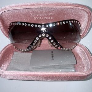 Miu Miu Black Shield Sunglasses with Crystal Trim and Pink Velvet Case